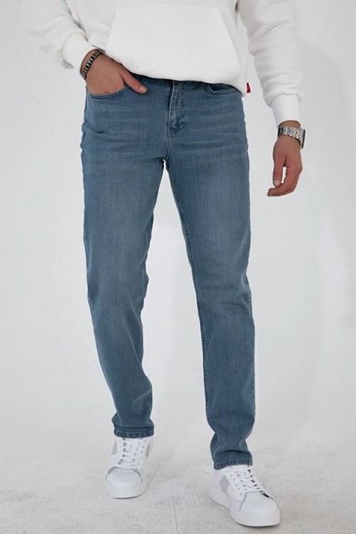 Taşlamalı Mavi Regular Fit Rahat Kesim Esnek Likralı Denim Jeans Kot Pantolon